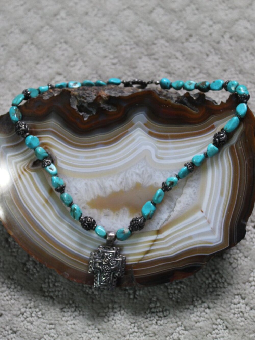 Barse Signed Vintage Sterling Silver/Turquoise Cross Pendant 16" Necklace